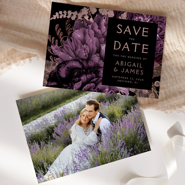 Invitación Foto Floral Purple Rosa Gold Save the Date (Subido por el creador)