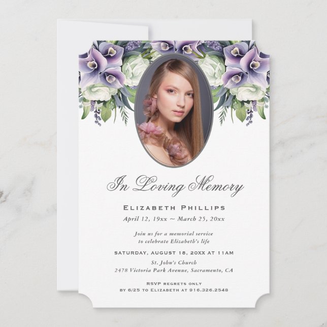 Invitación Foto Floral Púrpura Moderna En Memoria Amante (Anverso)
