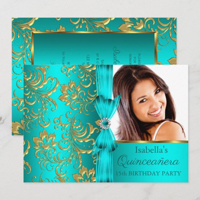 Invitación Foto floral Quinceanera Verde azulada de oro azul  (Anverso / Reverso)