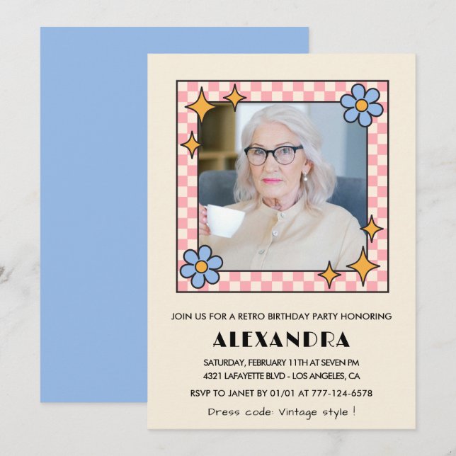 Invitación Foto floral retro azul cumpleaños 99 (Anverso / Reverso)