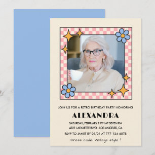 Invitación Foto floral retro azul cumpleaños 99