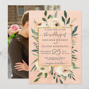 Invitación Foto floral rosa beige boda dorada