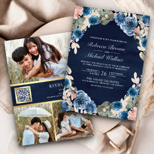 Invitación Foto floral rosa Código QR Boda azul oscuro