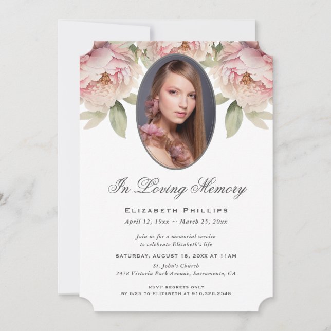 Invitación Foto Floral Rosa Peony En Memoria Amada (Anverso)