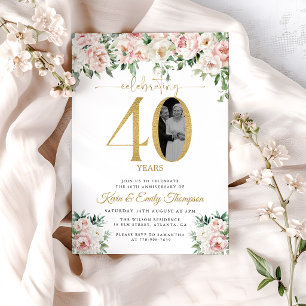 Invitación Foto Floral Rosa Sonrojado 40 Aniversario