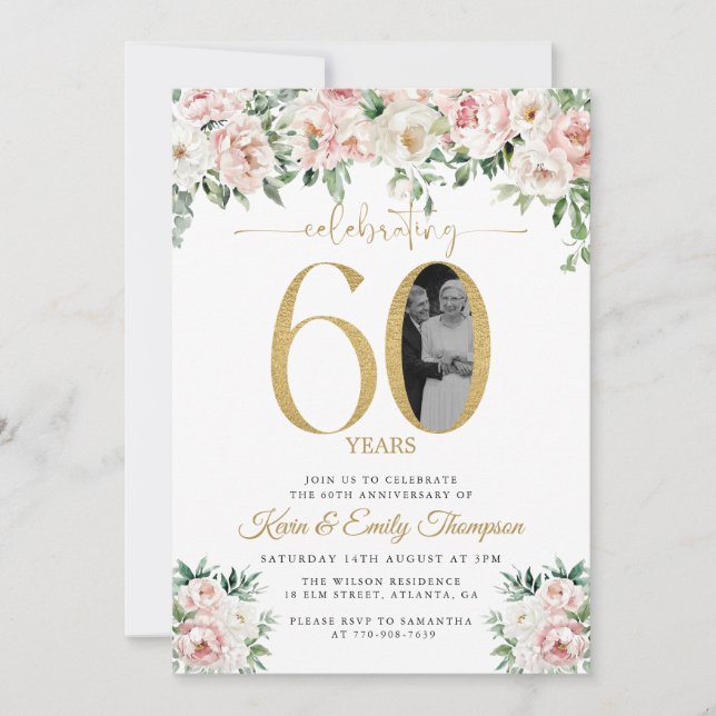 Invitación Foto Floral Rosa Sonrojado 60 Aniversario (Anverso)