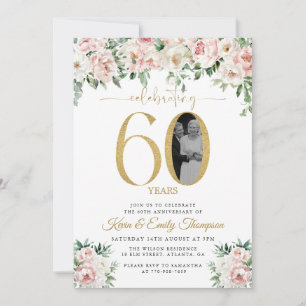 Invitación Foto Floral Rosa Sonrojado 60 Aniversario