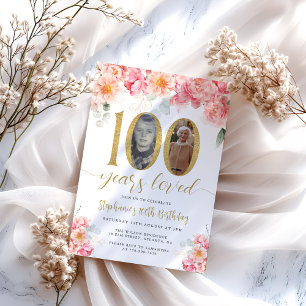 Invitación Foto floral rosa y dorada 100 cumpleaños