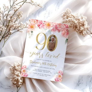 Invitación Foto floral rosa y dorada 90 cumpleaños