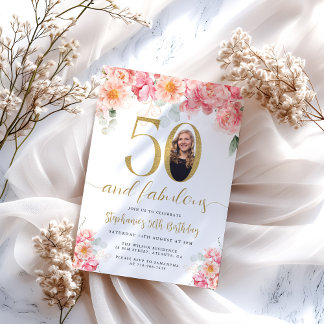 Invitación Foto floral rosa y dorada cumpleaños 50