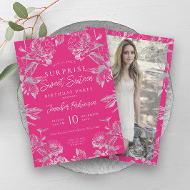 Invitación Foto floral rosa y plateado caliente SORPRESA dulc