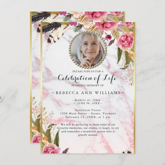 Invitación Foto Floral Rubor Elegant Celebration of Life (Anverso / Reverso)