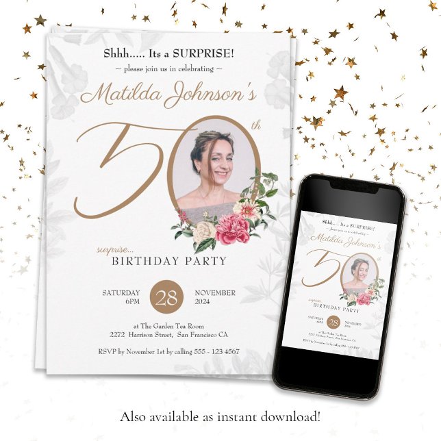 Invitación Foto floral Sorpresa 50 cumpleaños (Surprise 50th Birthday Chic Floral Botanical Photo Invitation)