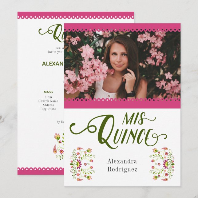 Invitación Foto floral tradicional mexicana rosa Quinceanera (Anverso / Reverso)