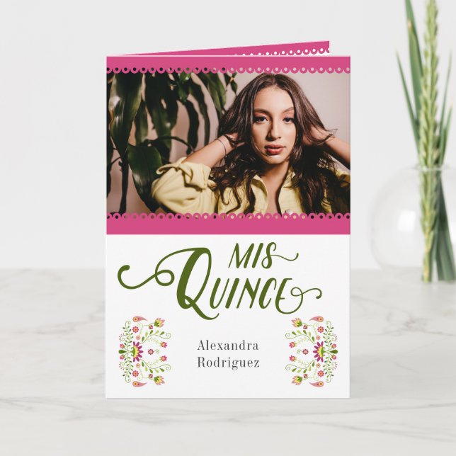 Invitación Foto floral tradicional mexicana rosa Quinceanera (Anverso)