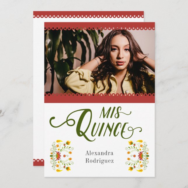 Invitación Foto floral tradicional roja mexicana Quinceanera (Anverso / Reverso)