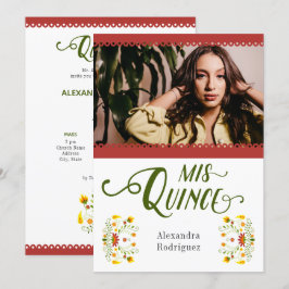 Invitación Foto floral tradicional roja mexicana Quinceanera