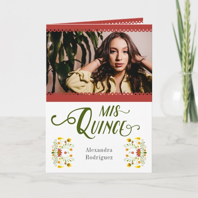 Invitación Foto floral tradicional roja mexicana Quinceanera (Anverso)
