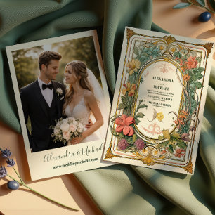 Invitación Foto Floral Vintage Art Nouveau Boda