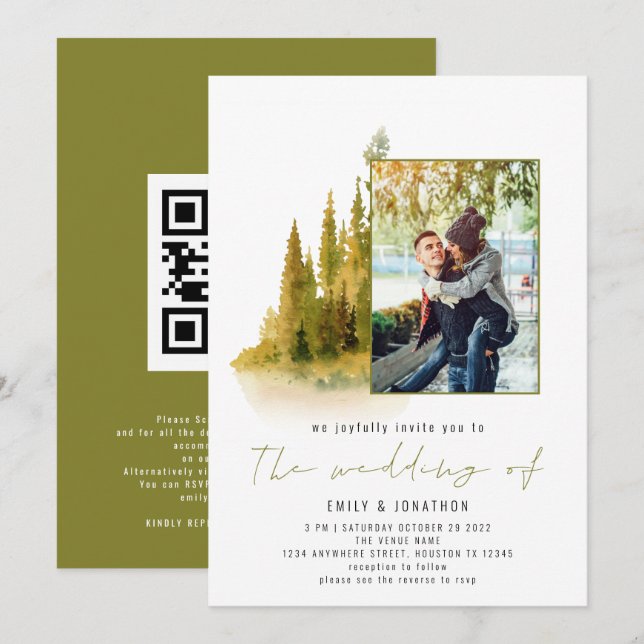 Invitación Foto forestal de otoño Código QR Boda verde oliva (Anverso / Reverso)