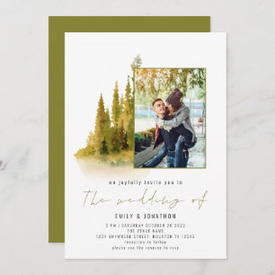 Invitación Foto forestal de otoño Código QR Boda verde oliva