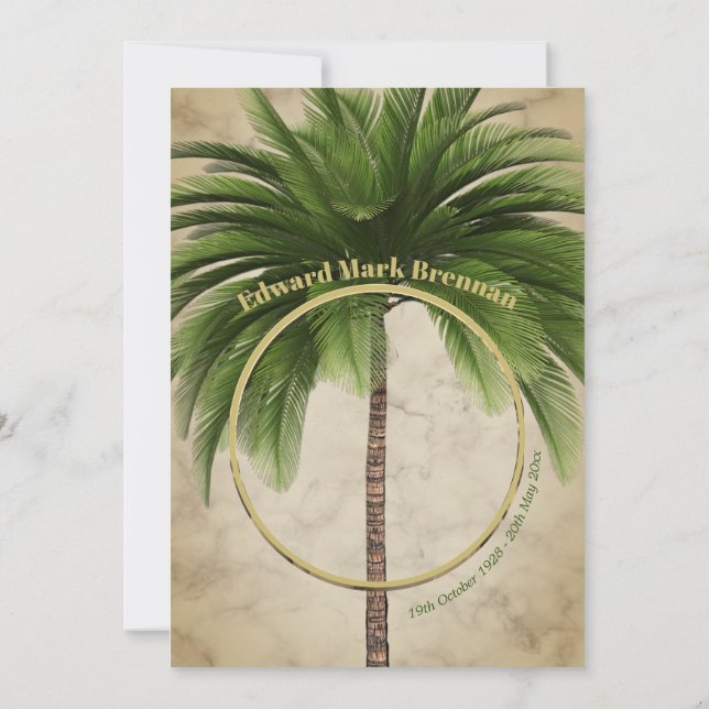 Invitación Foto funeral Elegante Mármol de árbol de palmas (Reverso)