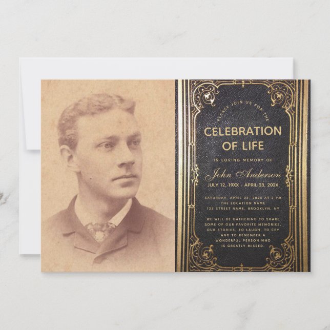 Invitación Foto funeral Vintage Black Gold Celebration (Celeb (Anverso)