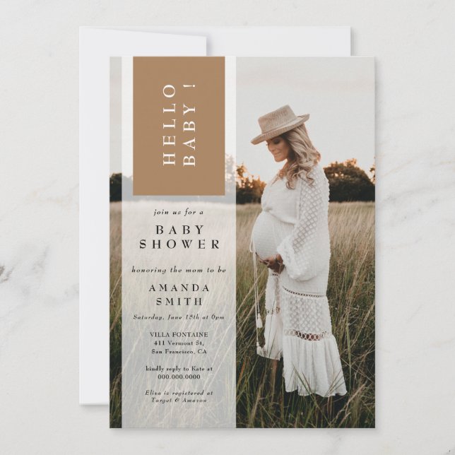 Invitación Foto Género Minimalista Neutral Hola Baby Shower  (Anverso)
