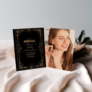 Invitación Foto Geométrica Black Gold Gatsby Bridal Shower
