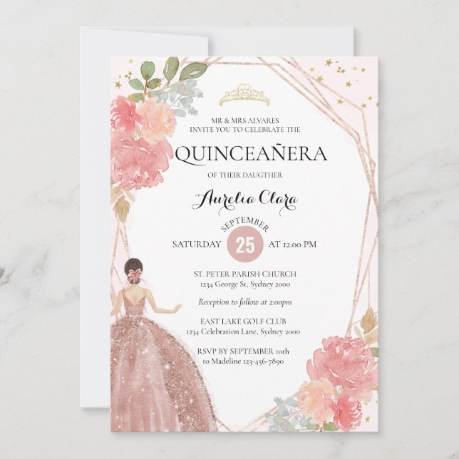 Invitación Foto Geométrica De Flor Rosa De Oro Rosa Quinceañe (Anverso)
