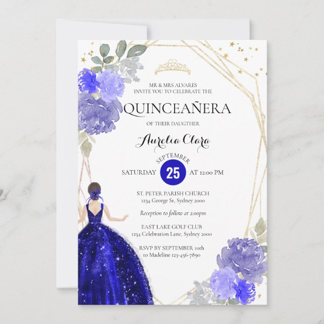 Invitación Foto Geométrica Royal Blue Floral Quinceañera (Anverso)