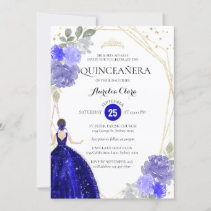 Invitación Foto Geométrica Royal Blue Floral Quinceañera