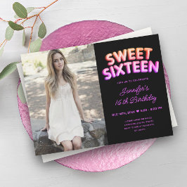 Invitación Foto Girly Neon Balloons Dulce negro rosado calien