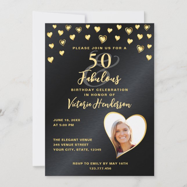 Invitación Foto Glam Black & Gold 50 y fabuloso cumpleaños (Anverso)