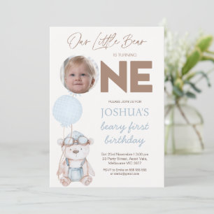 Invitación Foto Globos Azules Marrones Cumpleaños Beary Prime