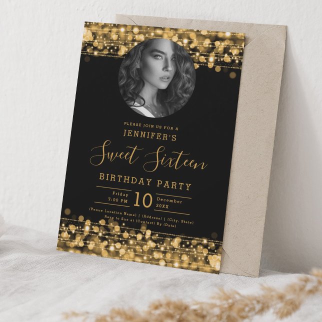 Invitación FOTO Gold Sparkles Sweet 16 Birthday Party (PHOTO Gold Sparkles Sweet 16 Birthday Party Invitation)