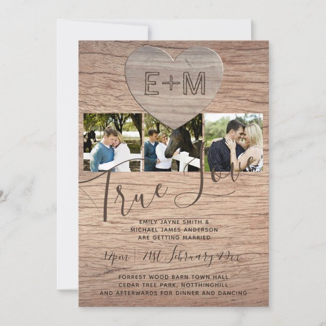 Invitación Foto grabada de las iniciales de Heart Rustic "Bod (Anverso)