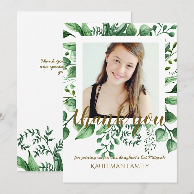 Invitación FOTO GRACIAS Bat Mitzvah Card - Oro Negro (Anverso / Reverso)