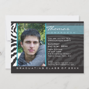 Invitación FOTO GRAD FIESTA INVITE zebra stripe aqua azul