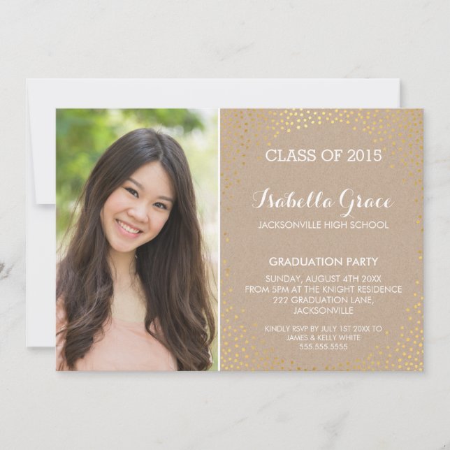 Invitación FOTO GRAD FIESTA mini oro confetti eco kraft (Anverso)