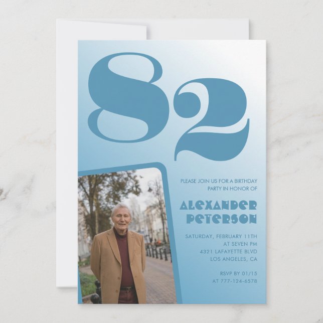Invitación Foto gradiente azul retro cumpleaños 82 (Anverso)