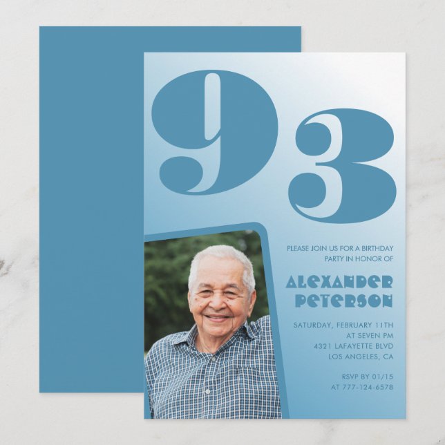Invitación Foto gradiente azul retro cumpleaños 93 (Anverso / Reverso)