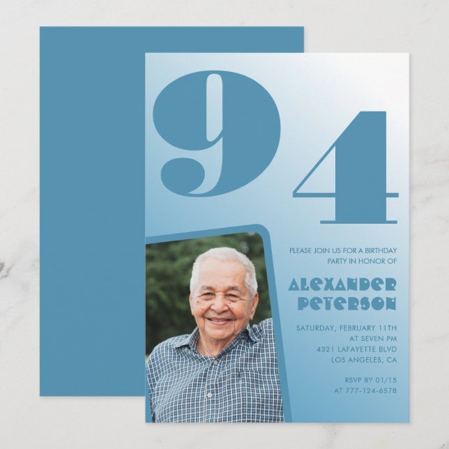 Invitación Foto gradiente azul retro cumpleaños 94 (Anverso / Reverso)