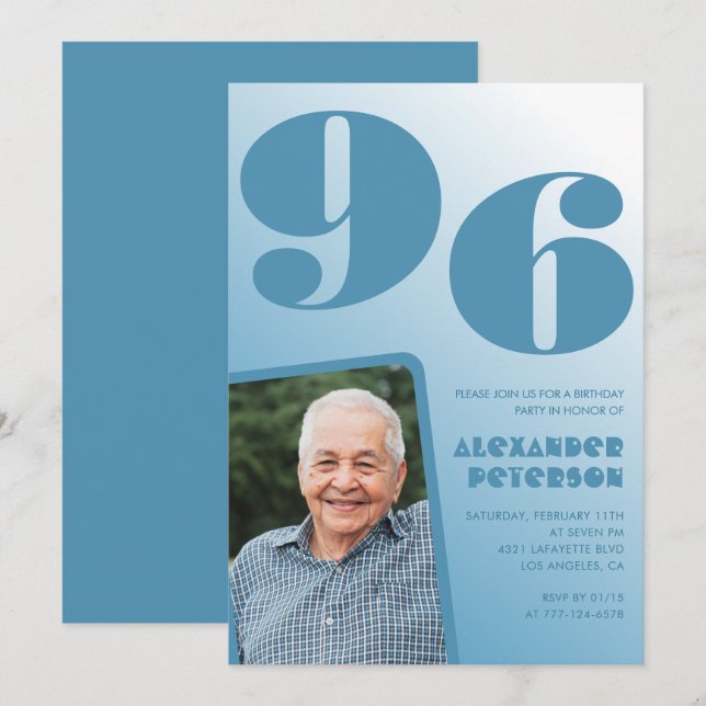 Invitación Foto gradiente azul retro cumpleaños 96 (Anverso / Reverso)