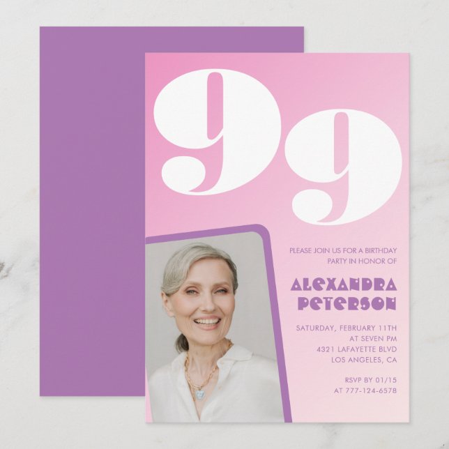 Invitación Foto gradiente púrpura rosa cumpleaños 99 (Anverso / Reverso)