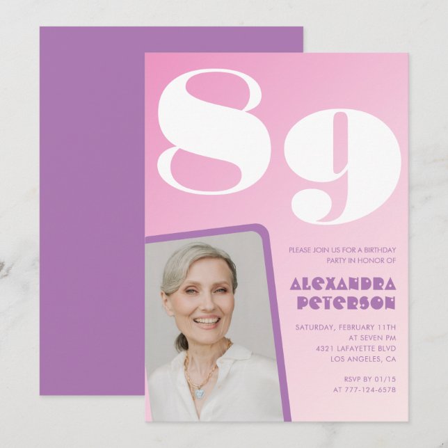 Invitación Foto gradiente rosa púrpura cumpleaños 89 (Anverso / Reverso)