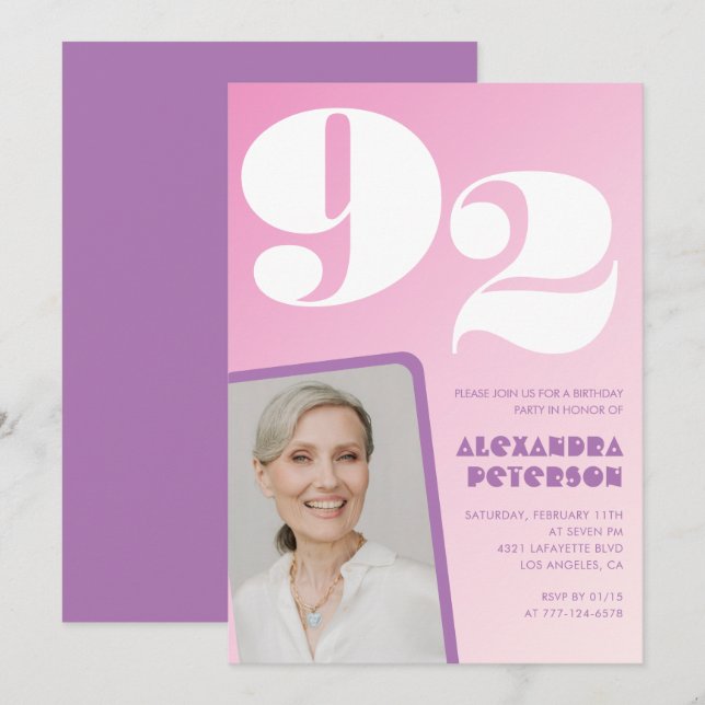 Invitación Foto gradiente rosa púrpura Cumpleaños 92 (Anverso / Reverso)