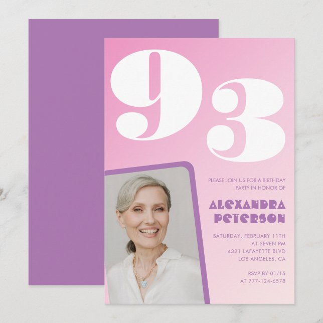 Invitación Foto gradiente rosa púrpura Cumpleaños 93 (Anverso / Reverso)