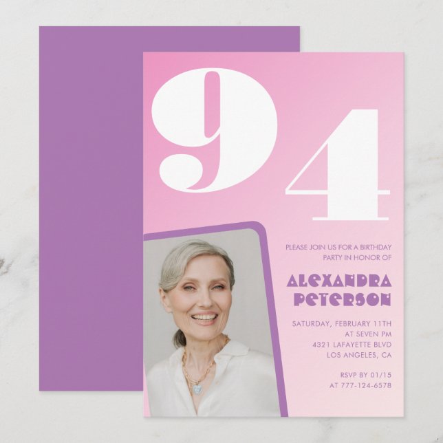 Invitación Foto gradiente rosa púrpura cumpleaños 94 (Anverso / Reverso)