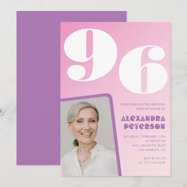 Invitación Foto gradiente rosa púrpura cumpleaños 96 (Anverso / Reverso)